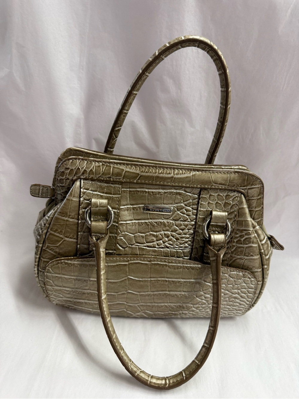 Rosetti Metallic Champagne Croc Embossed Satchel Handbag w/ Matching Coin Purse